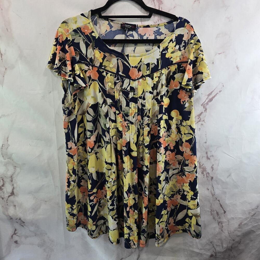 Cocomo Shirt Womens 1X Blue Peach Floral Blouse Short Sleeve Navy Yellow